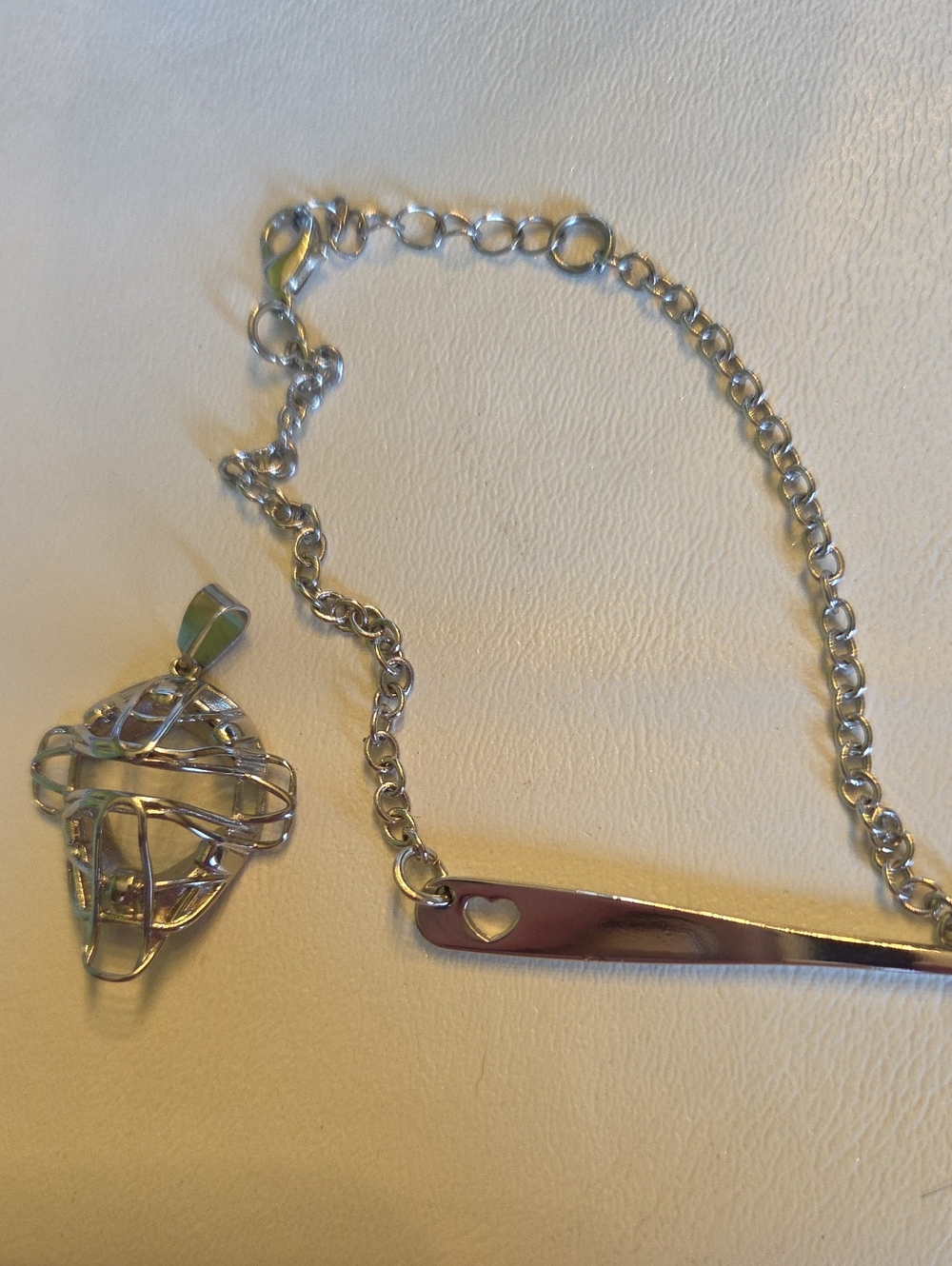 Silver Tone Catcher's Mask Pendant And Baseball Bat Bracelet.m